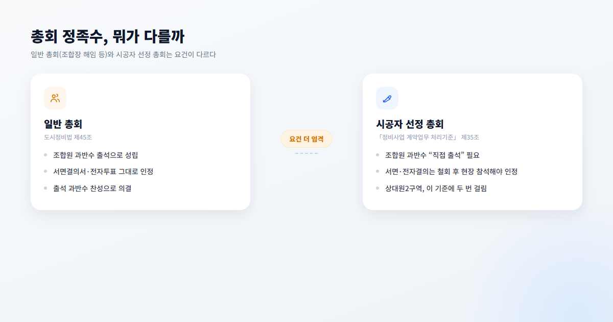 도시정비법 총회 정족수, 일반 총회 vs 시공자 선정 총회